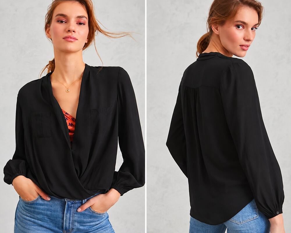 Maeve Anthropologie Eva Faux Wrap Utility Blouse Black Size 2